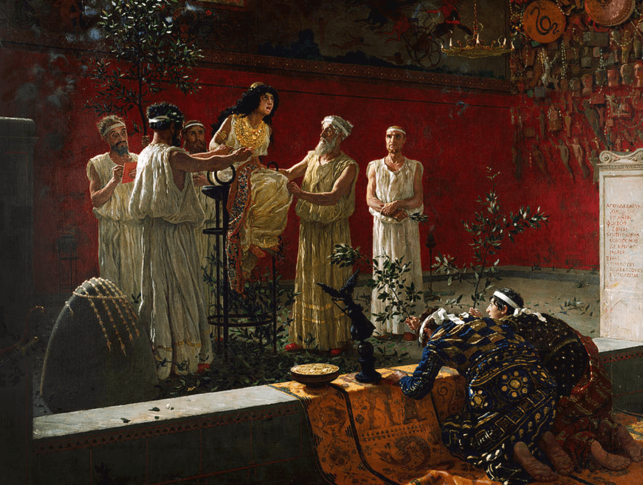 The Oracle, oil on canvas by Camillo Miola, 1880. It depicts the Delphic oracle (the Pythia) surrounded by priests.